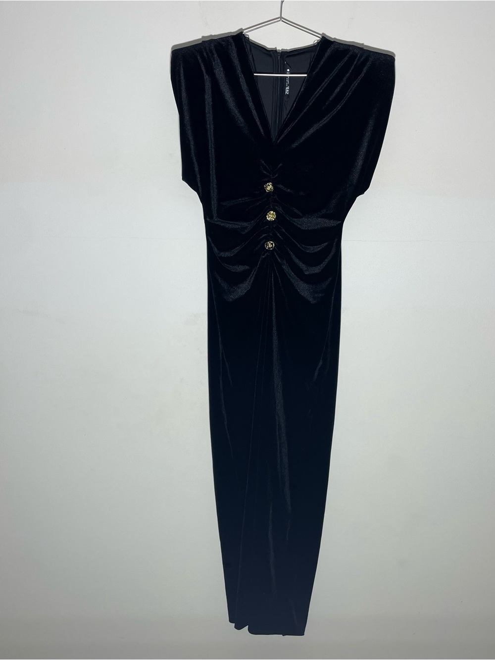 ZARA NWT Black velvet maxi dress gold button accents Holiday Dress NYE Elegant